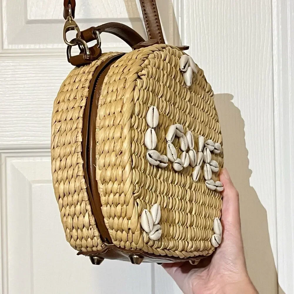 POOLSIDE x Dannijo Ariana “LOVE” Shell Rattan Circular Basket Handbag Purse